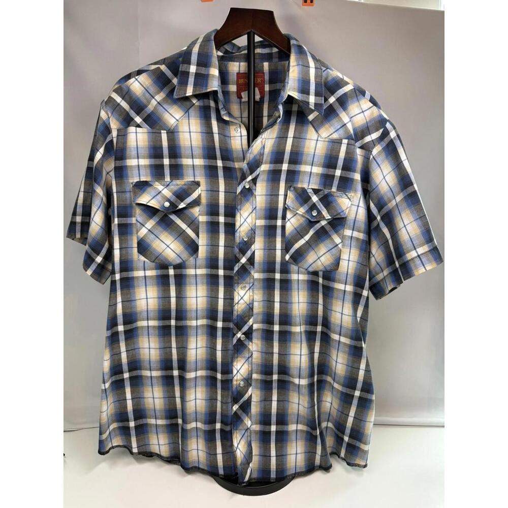 Rustler Shirt Mens XL Blue Plaid Pearl Snap Western‎ Short Sleeve Button Up